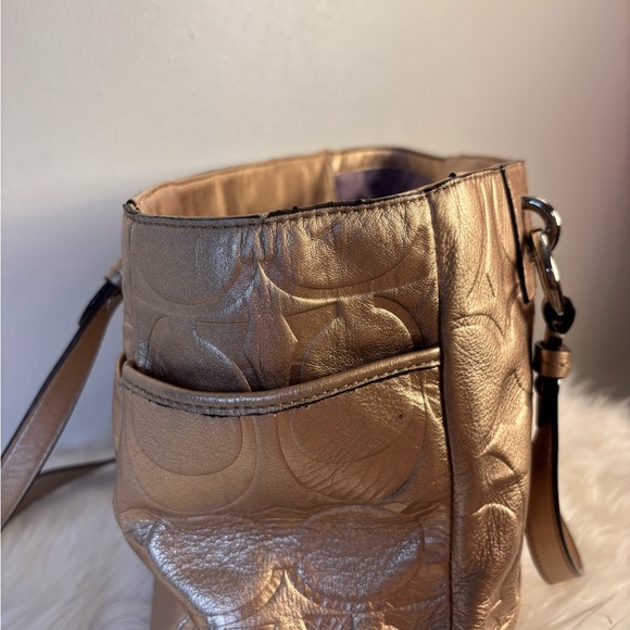 Coach Metallic Gold East West Embossed Signature Leather Tote Bag - Picture 4 of 8
